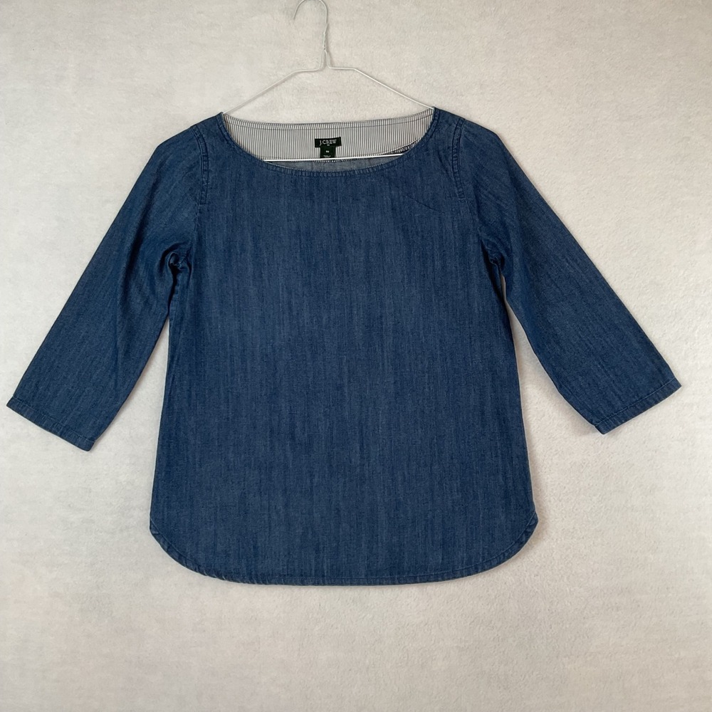 J.Crew Womens Blue Denim Chambray Boat Neck 3/4 Sleeve Top Blouse Size 00